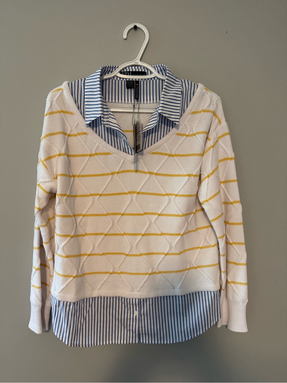 Striped Detail Layered Sweater - White with Yellow Stripes
